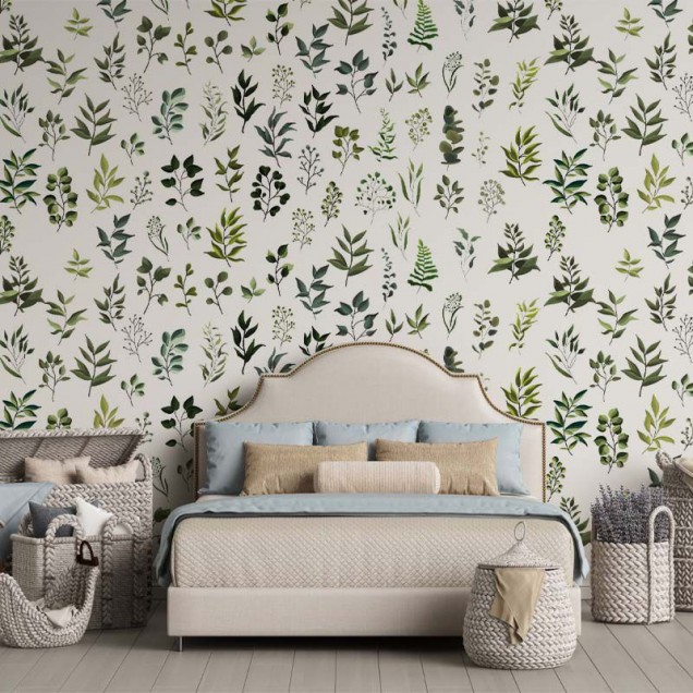 Tapet cu frunze verzi, design minimalist, perfect pentru decorarea livingului, dormitorului sau biroului.