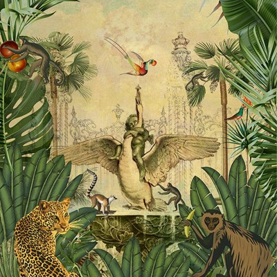Tapet cu design exotic cu un copac cu aripi, înconjurat de animale sălbatice.