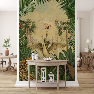 Tapet cu design exotic cu un copac cu aripi, înconjurat de animale sălbatice.