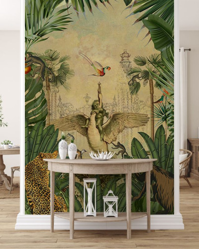 Tapet cu design exotic cu un copac cu aripi, înconjurat de animale sălbatice.
