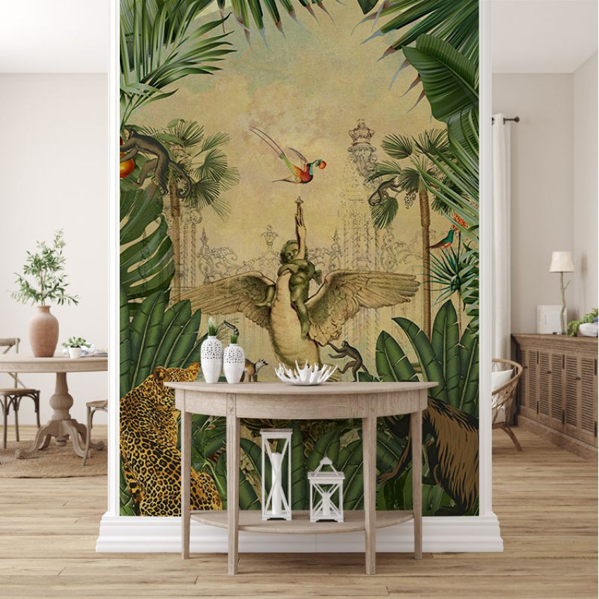 Tapet cu design exotic cu un copac cu aripi, înconjurat de animale sălbatice.