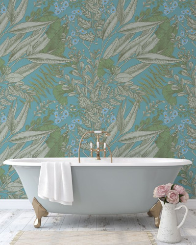 Tapet floral elegant Blue Love, cu o combinație de culori delicate și un model floral bogat, perfect pentru a crea o atmosferă relaxantă și sofisticată.