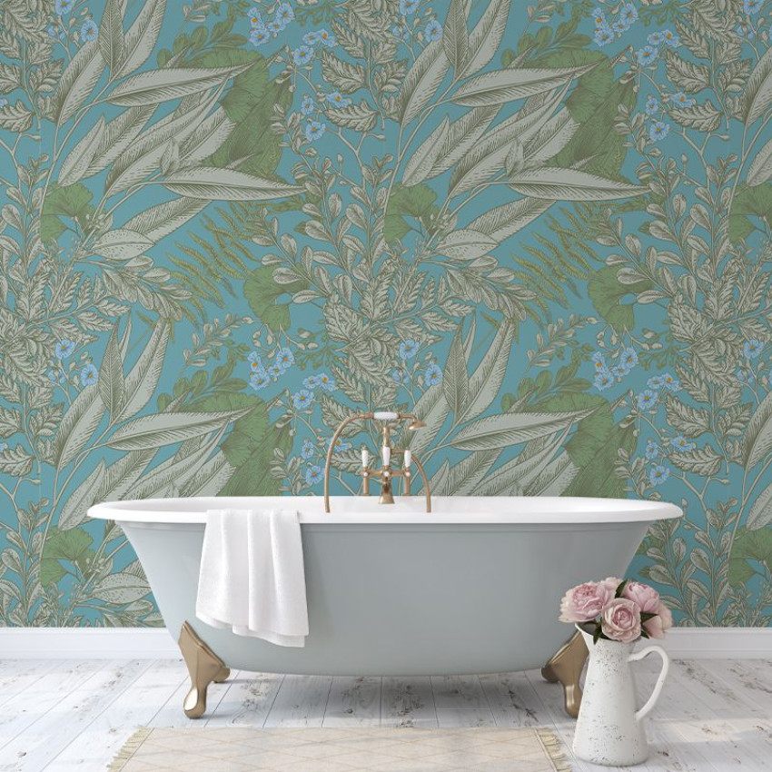 Tapet floral elegant Blue Love, cu o combinație de culori delicate și un model floral bogat, perfect pentru a crea o atmosferă relaxantă și sofisticată.