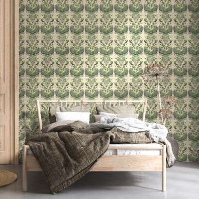 Tapet floral modern Light Crown of Greens cu nuanțe de verde și roz, perfect pentru decorarea dormitorului, livingului sau biroului.