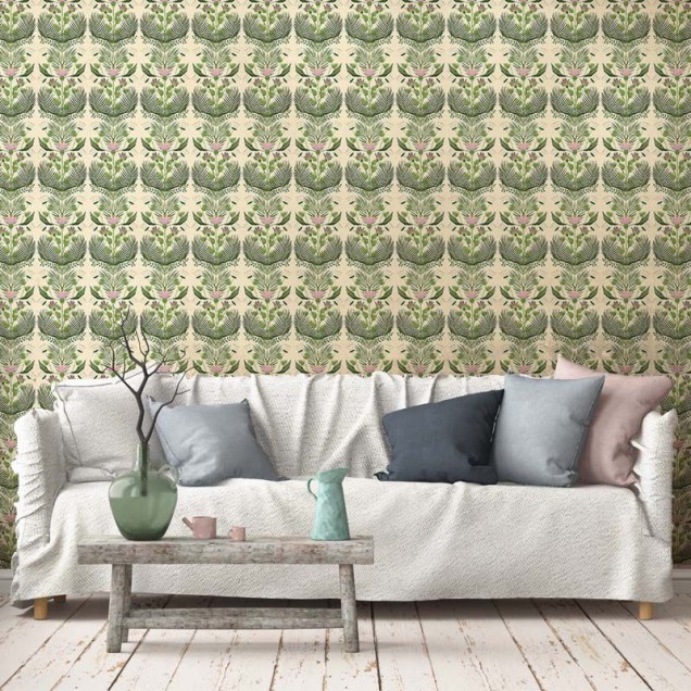 Tapet floral modern Light Crown of Greens cu nuanțe de verde și roz, perfect pentru decorarea dormitorului, livingului sau biroului.
