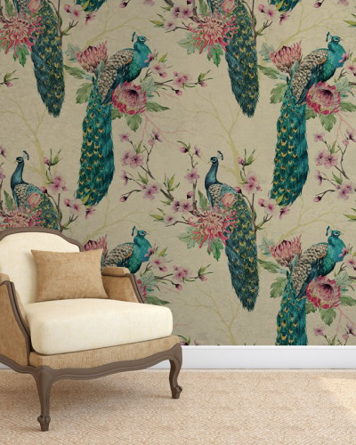 Tapet cu pauni, design elegant și vibrant, perfect pentru a crea o atmosferă unică în casa ta
