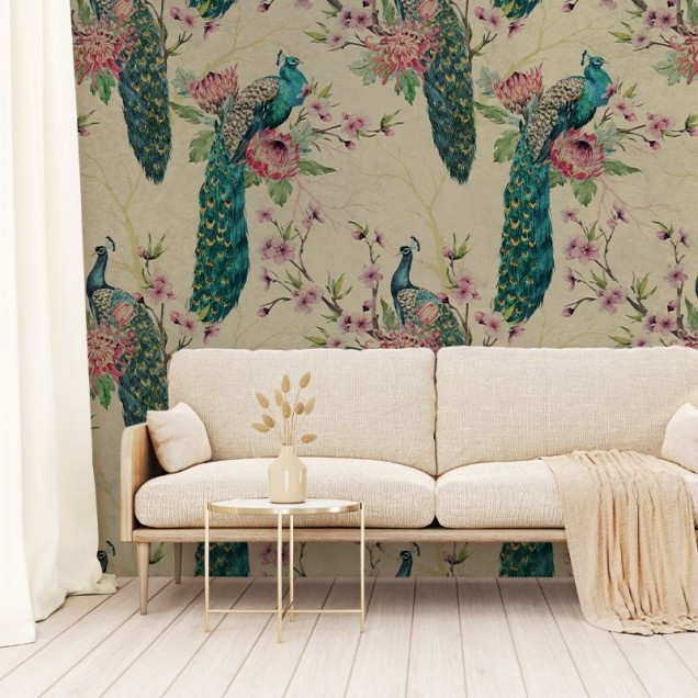 Tapet cu pauni, design elegant și vibrant, perfect pentru a crea o atmosferă unică în casa ta