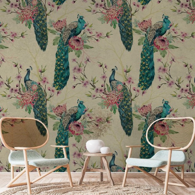 Tapet cu pauni, design elegant și vibrant, perfect pentru a crea o atmosferă unică în casa ta