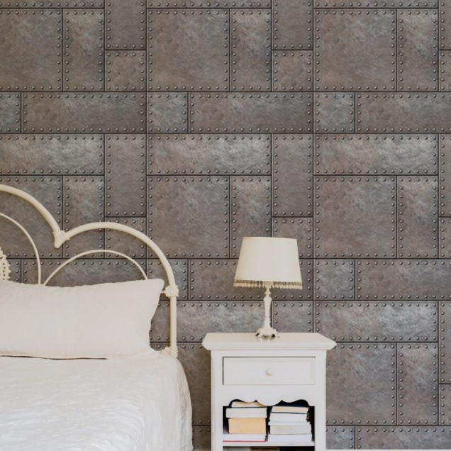 Tapet cu design industrial, Iron Bricks, aspect metalic