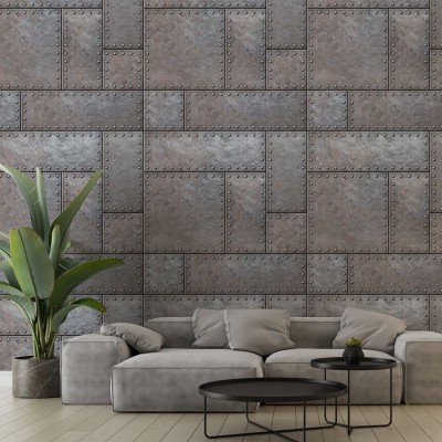 Tapet cu design industrial, Iron Bricks, aspect metalic