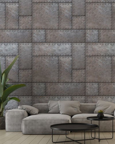 Tapet cu design industrial, Iron Bricks, aspect metalic