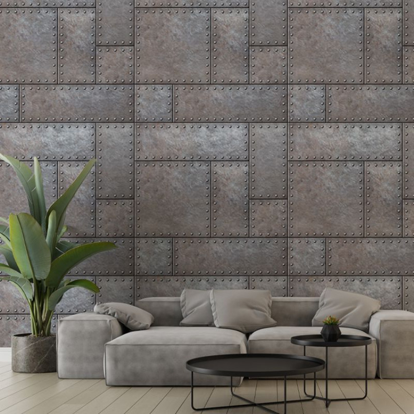 Tapet cu design industrial, Iron Bricks, aspect metalic