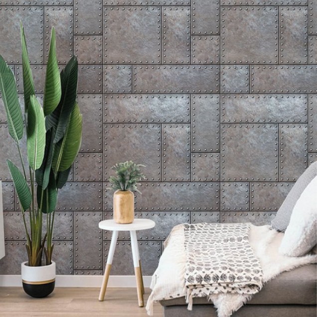 Tapet cu design industrial, Iron Bricks, aspect metalic
