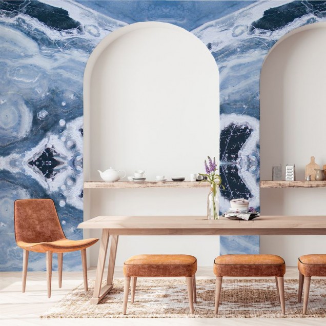 Tapet Blue Marble - Design abstract elegant in nuante de albastru si gri, perfect pentru baie sau dormitor.