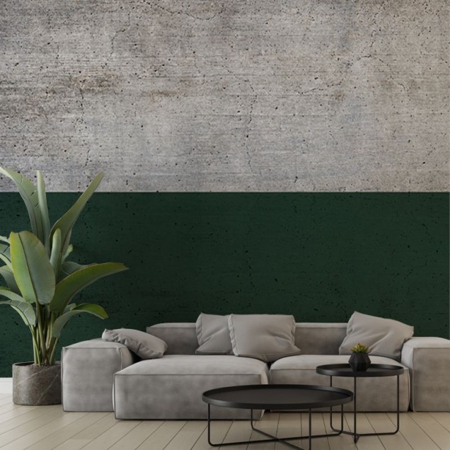 Tapet Better Green Half, cu design modern, combinand textura betonului gri cu un verde vibrant