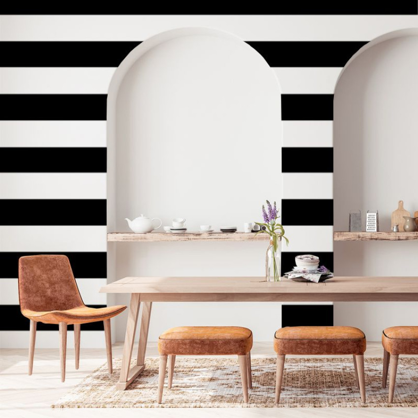 Tapet cu dungi groase, negru și alb, decor modern minimalist