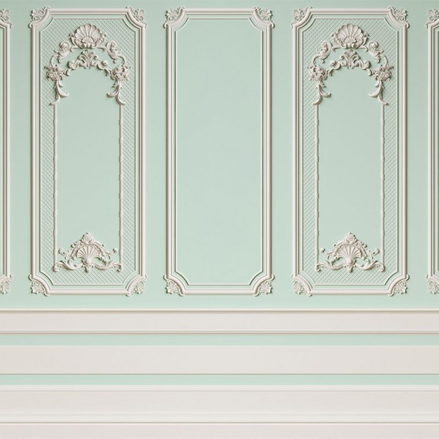 Tapet cu design clasic elegant, cu panouri decorative de inspirație franceză, bază verde deschis și detalii albe delicate.