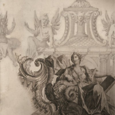 Tapet cu design decorativ de epocă, cu figuri umane și elemente arhitecturale în tonuri sepia.