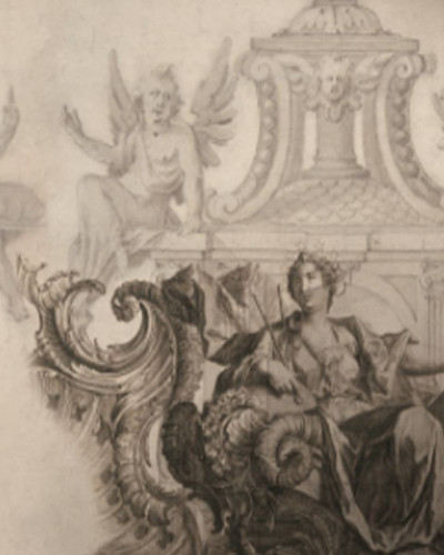 Tapet cu design decorativ de epocă, cu figuri umane și elemente arhitecturale în tonuri sepia.