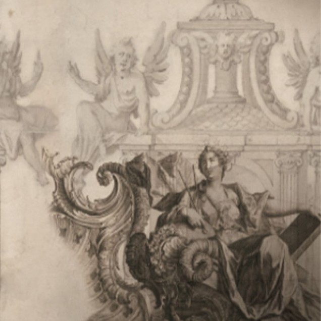 Tapet cu design decorativ de epocă, cu figuri umane și elemente arhitecturale în tonuri sepia.