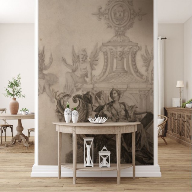 Tapet cu design decorativ de epocă, cu figuri umane și elemente arhitecturale în tonuri sepia.