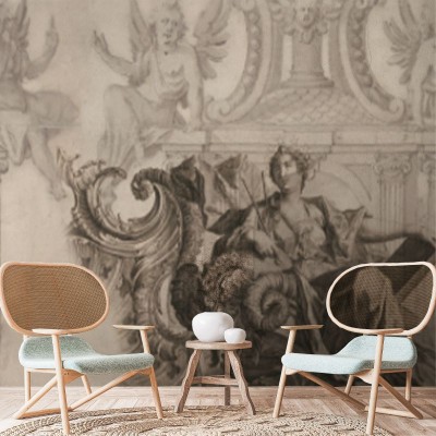 Tapet cu design decorativ de epocă, cu figuri umane și elemente arhitecturale în tonuri sepia.