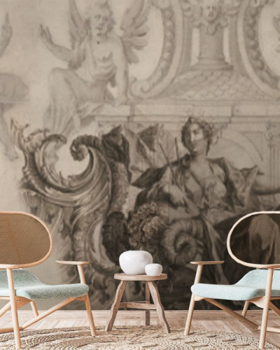 Tapet cu design decorativ de epocă, cu figuri umane și elemente arhitecturale în tonuri sepia.