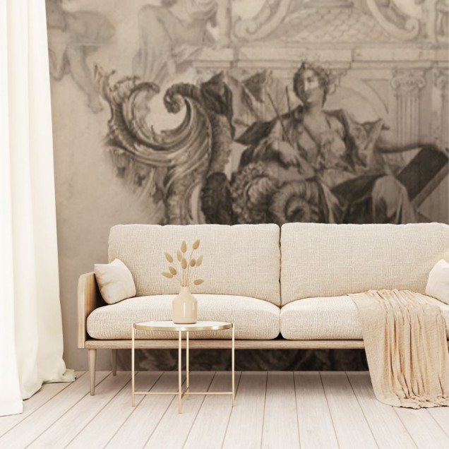 Tapet cu design decorativ de epocă, cu figuri umane și elemente arhitecturale în tonuri sepia.