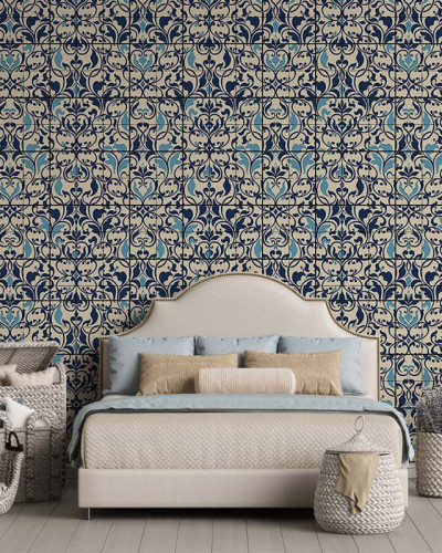 Tapet Royal Blue cu design clasic elegant, inspirat de tradiția decorurilor orientale.