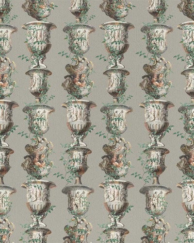 Tapet cu design elegant, cu vaze ornate și frunze verzi, pe un fundal gri.