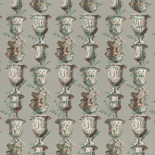 Tapet cu design elegant, cu vaze ornate și frunze verzi, pe un fundal gri.
