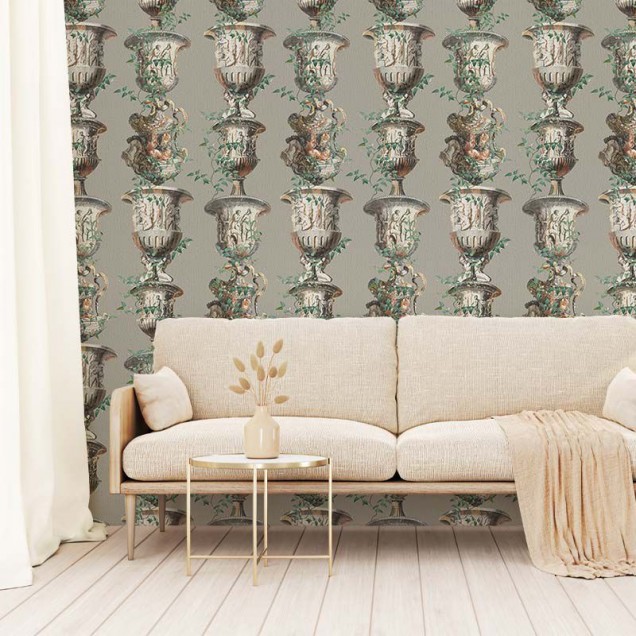 Tapet cu design elegant, cu vaze ornate și frunze verzi, pe un fundal gri.