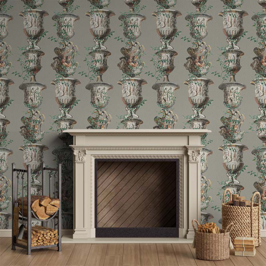 Tapet cu design elegant, cu vaze ornate și frunze verzi, pe un fundal gri.