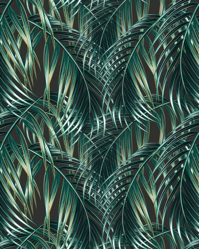 Tapet cu frunze tropicale de un verde intens pe fundal negru.