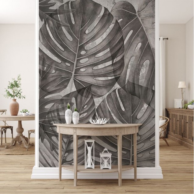 Tapet cu frunze mari de filodendron în nuanțe de gri, perfect pentru a adăuga o notă de eleganță și stil tropical în casa dumneavoastră.