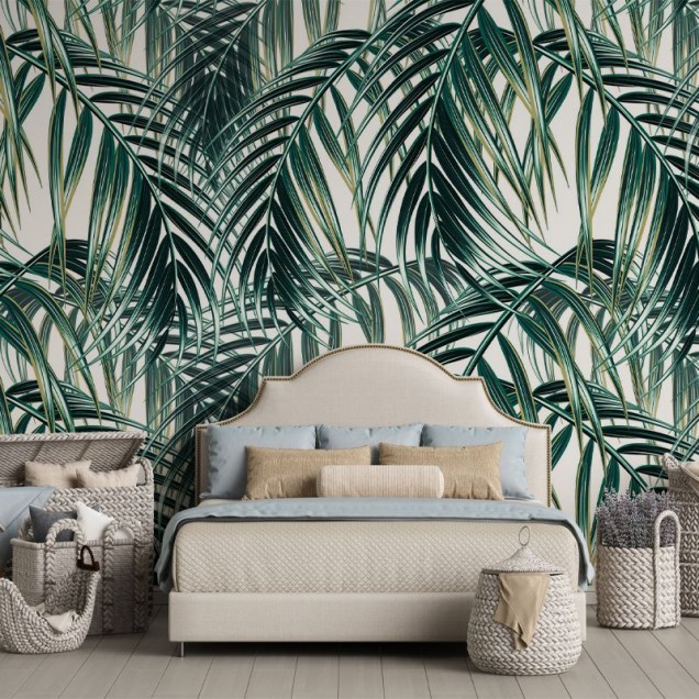 Tapet cu frunze de palmier, design tropical, elegant și modern.