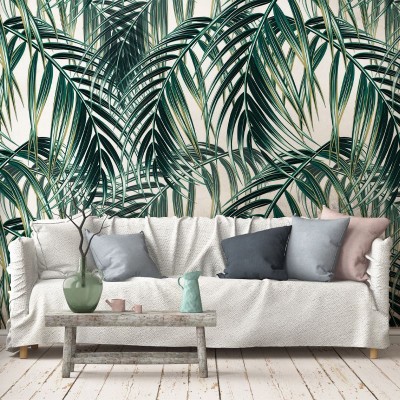 Tapet cu frunze de palmier, design tropical, elegant și modern.
