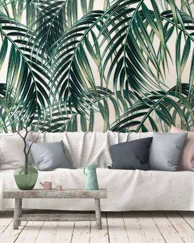 Tapet cu frunze de palmier, design tropical, elegant și modern.