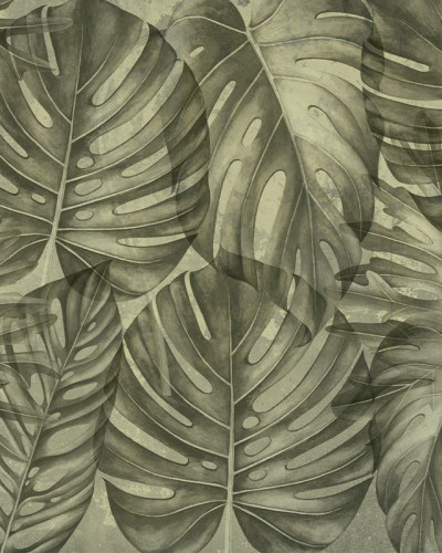 Tapet cu frunze mari, Sepia philodendron, design tropical pentru perete
