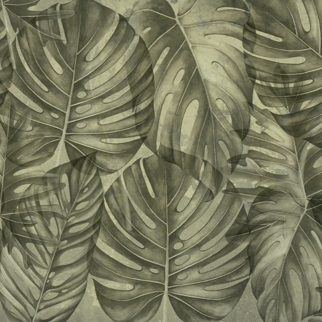 Tapet cu frunze mari, Sepia philodendron, design tropical pentru perete