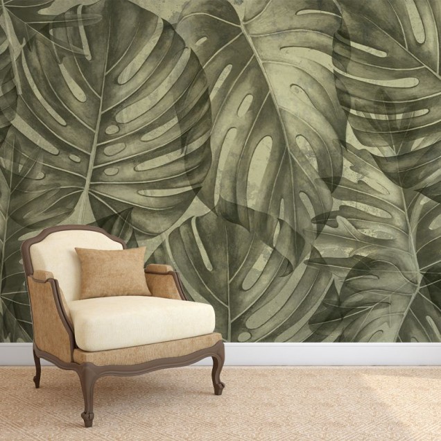 Tapet cu frunze mari, Sepia philodendron, design tropical pentru perete