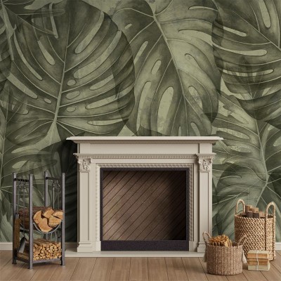 Tapet cu frunze mari, Sepia philodendron, design tropical pentru perete