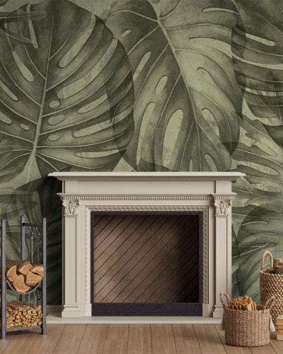 Tapet cu frunze mari, Sepia philodendron, design tropical pentru perete