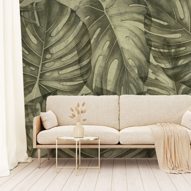 Tapet cu frunze mari, Sepia philodendron, design tropical pentru perete