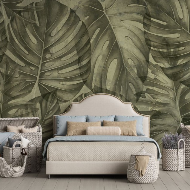 Tapet cu frunze mari, Sepia philodendron, design tropical pentru perete
