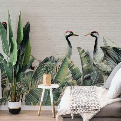 Tapet cu frunze tropicale și macarale elegante