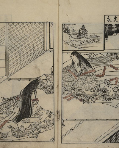 Tapet cu design japonez tradițional, cu imagini delicate și detaliate ale femeilor din perioada Edo.