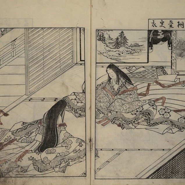 Tapet cu design japonez tradițional, cu imagini delicate și detaliate ale femeilor din perioada Edo.