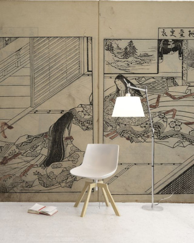 Tapet cu design japonez tradițional, cu imagini delicate și detaliate ale femeilor din perioada Edo.