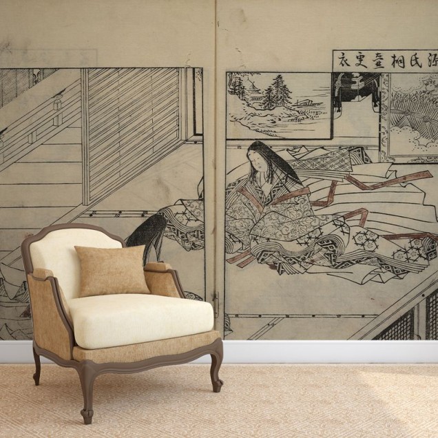 Tapet cu design japonez tradițional, cu imagini delicate și detaliate ale femeilor din perioada Edo.